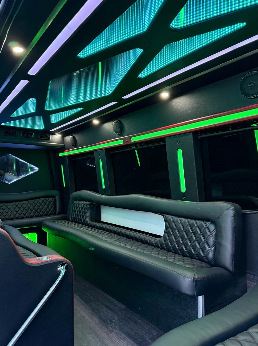Party bus interior with green LED lighting and leather seating