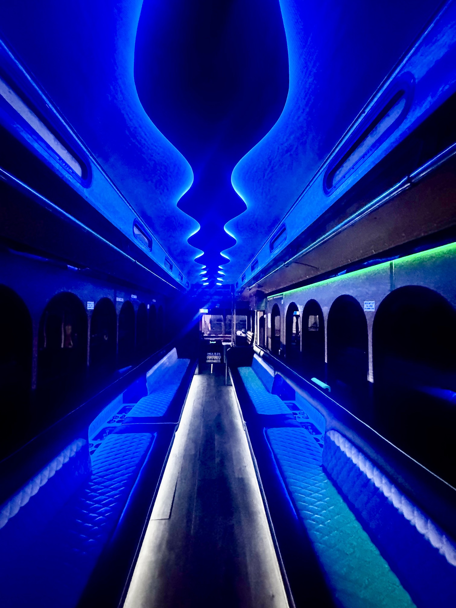 Party bus interior with blue LED lighting